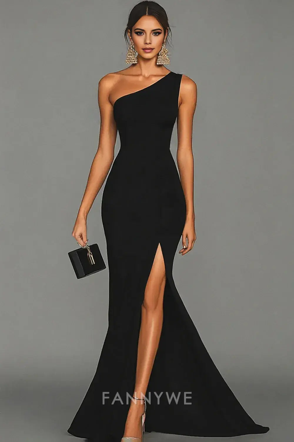 Vestido formal FannyWe de satén largo con un solo hombro, corte sirena negro y abertura